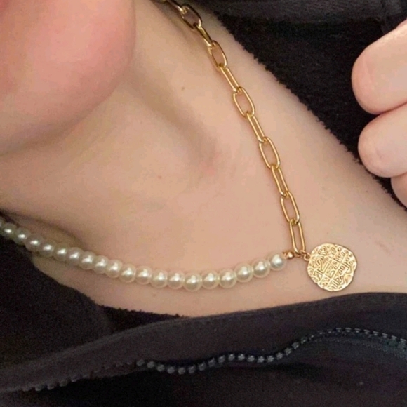 💖 2/$30 faux pearl gold chunky chain link mixed necklace Gold coin pendant - Picture 14 of 16